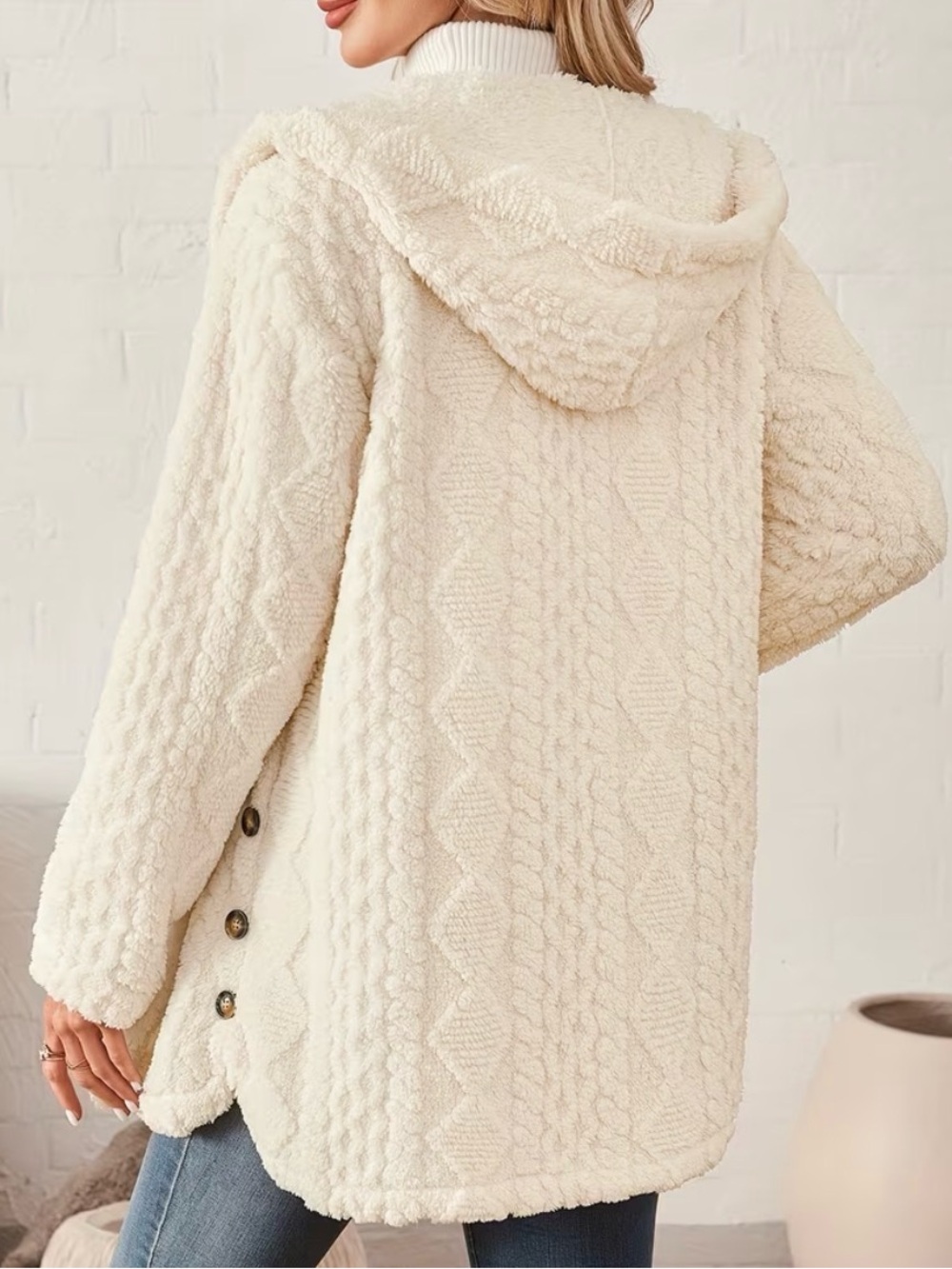 Women's Cream Sherpa Hood Teddy Jacket - Picture 3 of 7